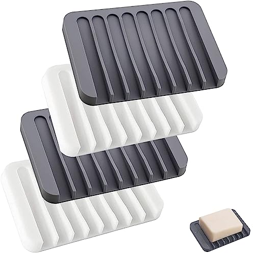 Jabonera de silicona, 4 unidades, autodrenante, diseño antideslizante, para baño, cocina, contador, color gris y blanco