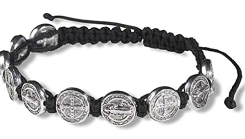 CB Silver Tone Saint Benedict Medal on Adjustable Black Cord Wrist Bracelet, 8 Inch