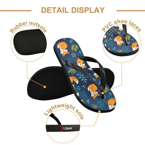 ALAZA Orange Fox Pattern Flip Flops for Women Fashion Beach Slippers Comfort Mens Flip Flops Non-Slip Rubber Shower Slippers Sandal for Hotel Travel Sport,XS3