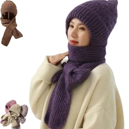 Emboadlie Winter Versatile Knitted Hooded Scarf for Women Beanies Hat and Set Hats Attached Snood Brim Beanie Windproof