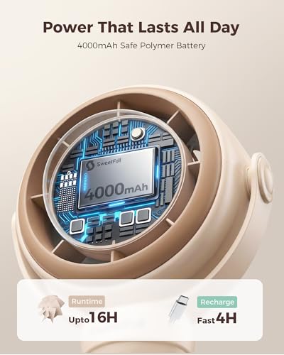 Image of SWEETFULL Baby Stroller Fan - 4000mAh Rechargeable 4-Speed Quiet with LED Display & Night Light, Mini Portable 360 Clip On Safe Fan for Car Seat, Crib, Travel - Brown