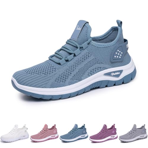 Baskets tricotées bleues ultra-légères, chaussures de marche décontractées et aérées femme - 3