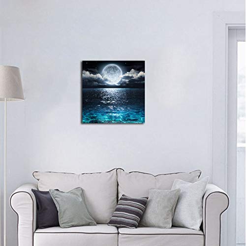 Moon Painting Canvas Wall Art - Bright Moonrise On Sea Ocean Cloud Picture For Living Room Decor 12X12Inch Framed Print Modern Landscape Nature Poster Ready To Hang Office Bedroom Bathroom Artwork #TOP5