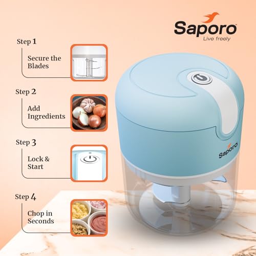 Image of Saporo Strike Mini Rechargeable Vegetable Chopper for Kitchen - One Touch Operation - 3 Stainless Steel Blades for Chopping Onion, Mincing Garlic, Nuts, Meats - 250 ml Capacity, Blue