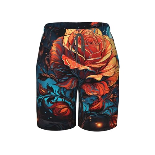 Boys Swim Trunks Beach Shorts Summer Surf Kids Youth Bathing Suits, Rose On Fire Burning Art Moon