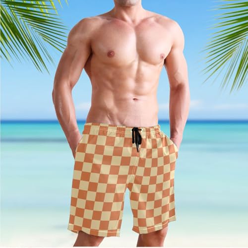 Men's Orange Checkerboard Swim Trunks Board Swimwear Beach Short with Pockets 203009653