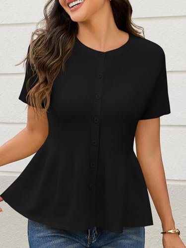 Image of Saodimallsu Womens Short Sleeve Cardigans Ruffle Button Down Crew Neck Peplum Babydoll Knit Sweater Tops