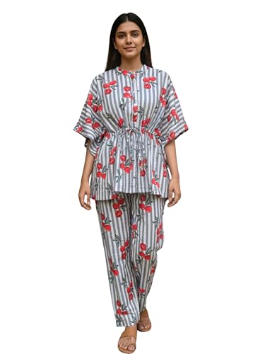 Image of Cotton Floral Printed 2 Piece Night Suit Top & Pajama Set for Women & Girls