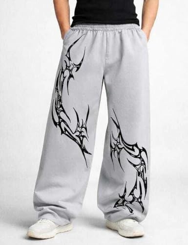 Image of Men's Baggy Track Pants,for Men - Tribal Print Oversized Fit Baggy Streetwear Gym Wear with Elastic Waist (in, Alpha, M, Regular, Light Grey)