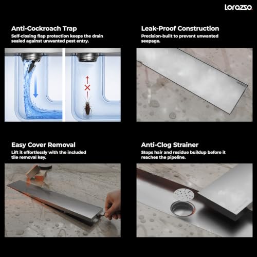 Image of Lorazzo Linea Tile-Insert SS304 Shower Drain Channel 18x4 Inch | Built-in Cockroach Trap | Stainless Steel Floor Drain | Silver Finish | Bathroom Shower Drain | 10 Year Warranty