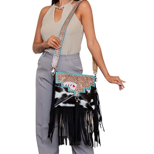 Western Aces Handbag, Cowhide Crossbody Poker Shoulder Bag Purse with Fringes Tooled Leather Brown Messenger Purse2