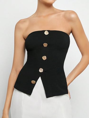 Floerns Women's Button Front Sleeveless Strapless Bandeau Split Hem Tube Top4