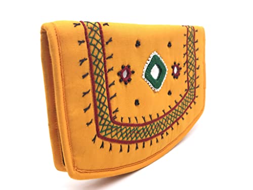 Image of SriShopify Women Small Wallets Purse Clutch Credit Card Coin Holder Zipper Mini Wallets for Girls Handmade Applique Mirror Work (7.5 Inch Yellow Pocket Purse)