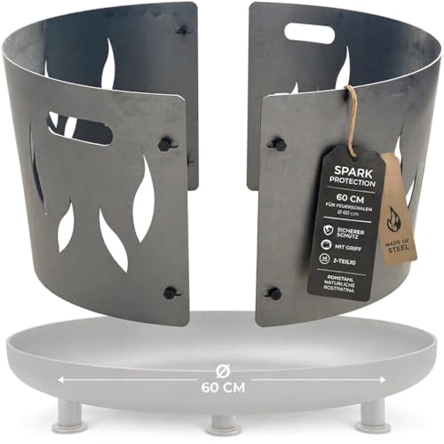 Funkenschutz für Feuerschale 60 cm 2-teilig aus unbehandeltem Stahl entwickelt Rostpatina sicherer Funkenschutz mit Griff für Garten & Terrasse passend für Ø 60 cm Feuerschalen