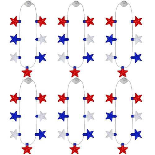 JOYIN 6 Pcs July 4th LED Star Bulb Necklaces Red White Blue Lightup Necklace with 6 Lighting Modes Patriotic Necklace for Independence Day Memorial Day Party Parade Masquerade Accessory Supply