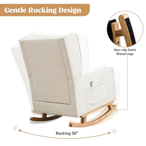 Image of HCHAIRH Nursery Rocking Chairs, Rocking Chair Nursery for Mom Nursery Rocker with High Backrest and Solid Wood Legs, Beige Modern Wingback Accent Chairs for Reading Living Room Bedroom
