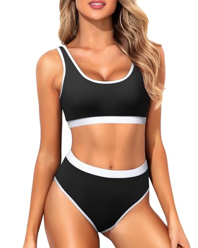 Image of Sporty Bikini Set Two Piece High Waisted Swimsuit Athletic Bathing Suit | Sporty,High Waisted Bottom,U-back,Removable Cups,Athletic,Quick Dry