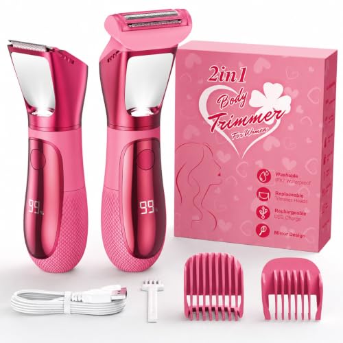 Image of Bikini Trimmer for Women, 2 in 1 Electric Razors Shaver, IPX7 Waterproof Body Hair Trimmer with Mirror, LED Light & Display, Painless Pubic Hair Removal, Hot Pink