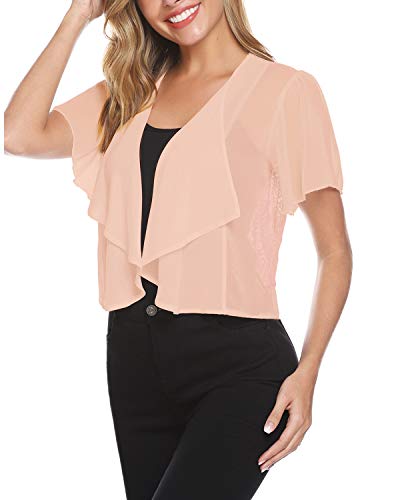 Hawiton Women Shrug Short Sleeve Lace Bolero Jacket Open Front Cropped Cardigan Apricot - Thumbnail 4