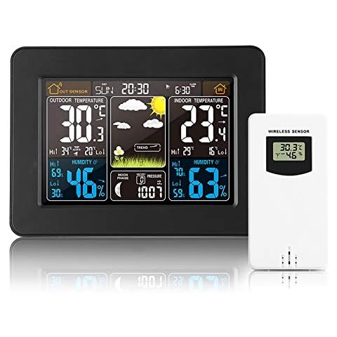 SUNASQ Drahtlose Wetterstation, Digitale Temperatur Luftfeuchtigkeit im Innen- und Außenbereich mit Farbbildschirm-Vorhersage Barometer-Wecker Kalender Cover