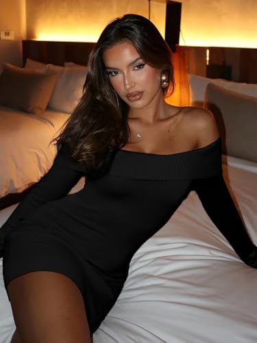 FAIRY SEASON Women's 2025 Off The Shoulder Sweater Mini Dress Long Sleeve Bodycon Cocktail Party Dresses4