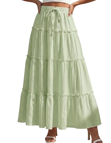 DERAX Womens Boho Flowy Maxi Skirt Ruffle Tiered Elastic High Waisted A-Line 2026 Spring Summer Long Skirts Light Green S