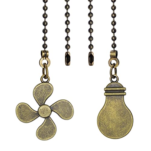 Image of Ceiling Fan Pull Chain Set Light Bulb and Fan Pattern Extension 12 Inch 3mm Diameter Beaded Ball Connector Best for use with Ceiling Fan Lighting (Antique Brass)