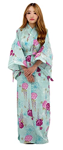 Kimura Jitsugyo Women's Kyoto Traditional Easy Wearing Kawaii Yukata Robe(Japanese Casual Kimono) Mint & Peony Set 2 Medium Woman