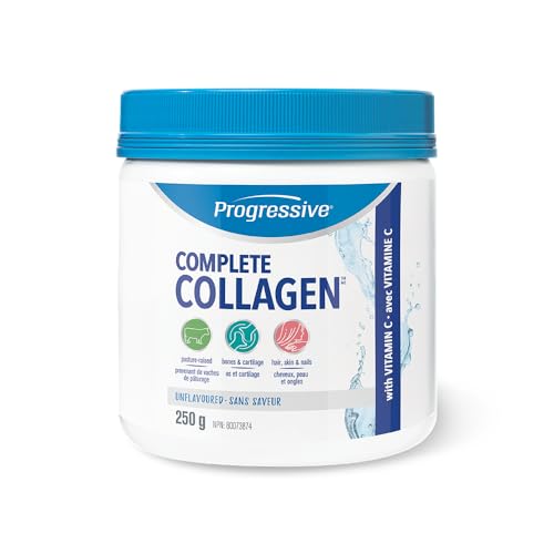 Progressive Complete Collagen Unflavoured, Canadian-Made, for Healthier Hair, Skin, Nails and Joints. Grass-Fed Non-GMO with Antioxidants, Hydrolyzed with Vitamin C for Best Absorption, 250 g