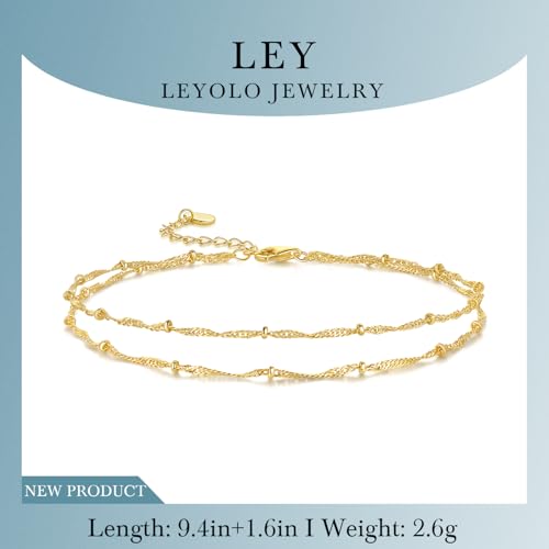14K Gold Anklets for Women 14K Gold Ankle Bracelets for Women Beaded Anklet for Womens Double-Layer Singapore Chain Design with Beads Layered Ankle Bracelets for Womens Beaded Anklet 9.4+1.6in2