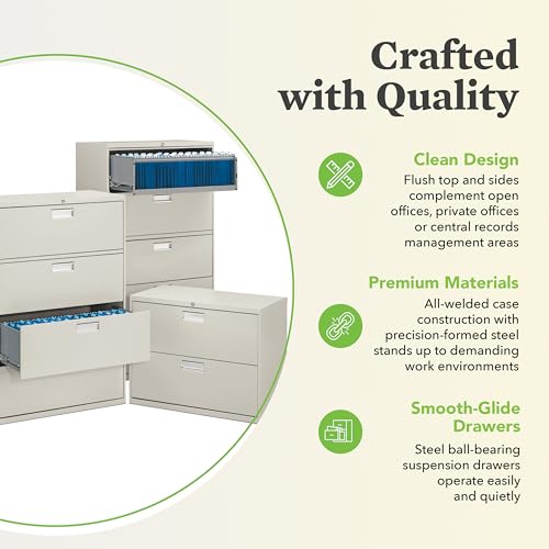 Image of HON 5 Drawer Lateral File Cabinet with Lock, Metal Filing Cabinets for Offices, Adjustable Hangrails for A4, Legal, Letter Files, 18 inch Deep, Putty