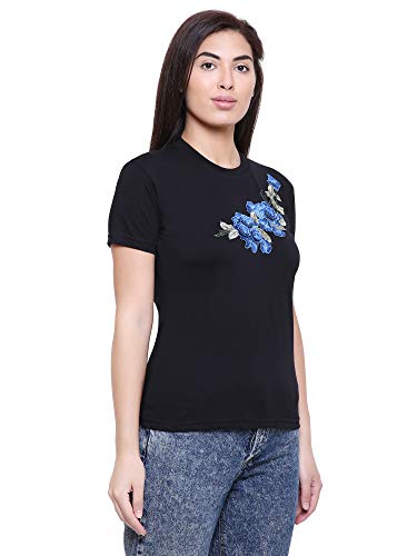 Image of Saundarya Women's Embellished T-Shirt Hosiery Fabric Half Sleeve Round Neck Blue and Red Embroidery Black