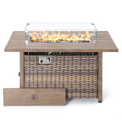 Nuu Garden 43 Inch Propane Fire Pit Table CSA Listed 50000 BTU Gas Fire Pit with Lid Glass Wind Guard Fire Glass Beads 2 in 1 Rectangular Outdoor Fire Table for Backyard Patio Brown