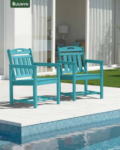 Image of Set of 2 Weatherproof Patio Chairs - HDPE Outdoor Dining Chairs with Wide Seat, Ergonomic Design - for Garden, Backyard, Deck - Lake Blue