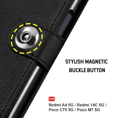 Image of TheGiftKart Genuine Leather Finish Flip Back Cover Case for Mi Redmi A4 5G / Redmi 14C 5G / Poco C75 5G / Poco M7 5G | Inbuilt Pockets & Stand | Designer Button Magnet Flip Cover (Faux Leather, Black)