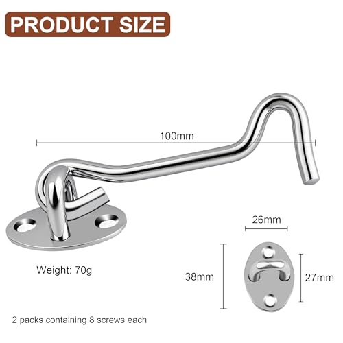 2PCS Hook and Eye Latch 4 Inch Silver Stainless Steel Gate Latch- Ideal for Door Locks Without Drilling Garden Gates Over Door Sheds Bathrooms Bedroom Door Lock - Image 2
