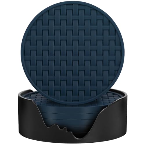 4 Inch Drink Coasters Set of 6, Blue Silicone Heat Resistant Mats, Waterproof Non-Stick Cup Pads, Ideal for Coffee Mugs, Beverage Cups - Home Office & Kitchen Use