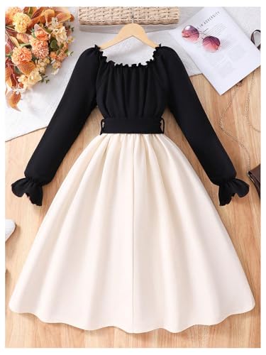 Verdusa Girl's Bow Color Block A Line Dresses Square Neck Long Sleeve Flowy Ruffle Dress2