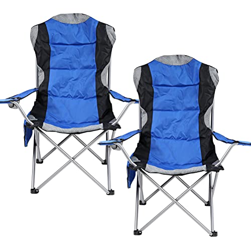 Taylor & Brown Camping Chairs for Adults Heavy Duty Deluxe Folding Padded Chair Up to 120kg with High Back & Cup Holder & Side Pocket Fold Up Chair Stool for Garden Picnic Beach Directors (2 x Blue)