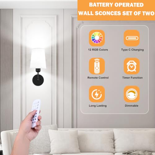 Image of Ostwiki Battery Operated Wall Sconce Set of 2,Black Rechargeable Wall Lights with Dimmable RGB Bulbs and Remote Control,270Rotation Wireless Wall Lamps for Indoor Bedroom Living Room Hallway