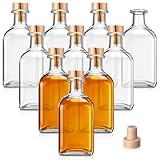 Yiyiring 10 Pcs 8 oz/ 250 ml Clear Glass Bottles with T Top Cork Stoppers Square Empty Liquor Bottles with Heat Shrink Capsules Airtight Refillable Bottle for Vodka Whiskey Juice Oil Soda Bear Wine
