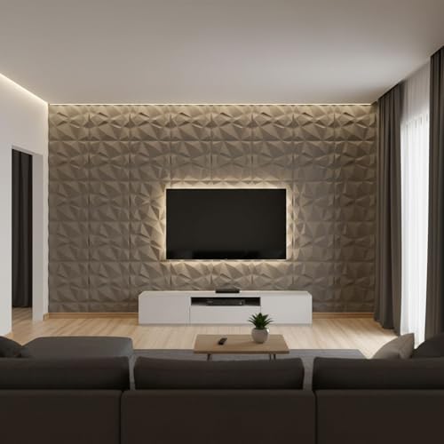 Image of Kayra Decor Wall Panels for Bedroom - PVC Diamond Design, Mega Graige Color 19.7 inch X 19.7 inch (Pack of 18) - Covers 48.51 Sq. Ft.