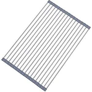 LLLLDDLLLDM Abtropfgestell für die Küchenspüle 52cm x 35cm Abtropfgitter Größere Küche Dish Drain Racks Faltbar Leicht Verstaubar Anti-Rutsch-Matte Grau(Geschirr Abtropfmatte Edelstahl) Cover