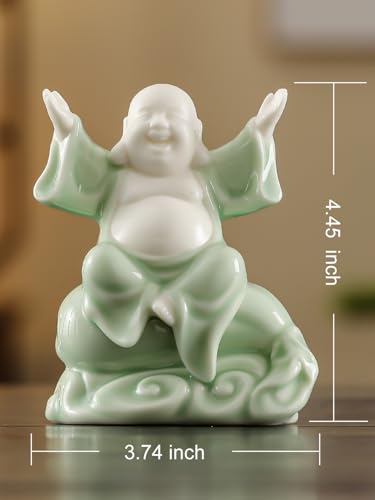 Estatua Pequeña de Buda Risueño Verde de Cerámica 4.5 pulg. miniatura 7