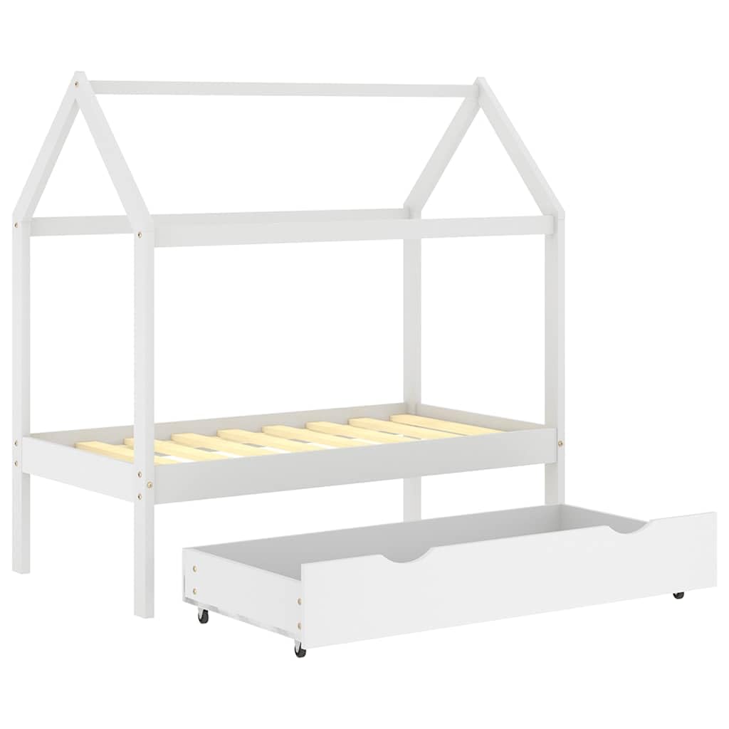Kinderbett mit Schublade in Weiß aus Massivholz Kiefer 70x140 cm für Kleinkinder, stabiles Bettgestell mit Stauraum, höhenverstellbar, umbaubar, und Kinder
