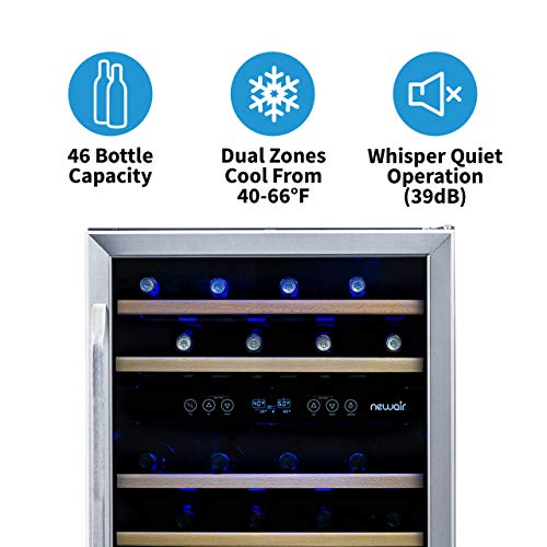 NewAir Built-In Wine Cooler and Refrigerator, Dual Zone 46 Bottle Capcity Fridge with Triple-Layer Tempered Glass Door, AWR-460DB