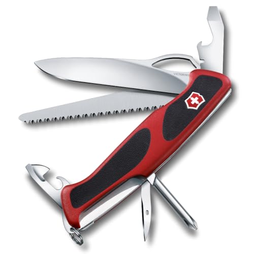 Victorinox Ranger 78 M Grip Swiss Army Knife, 12 Functions, Swiss Made Pocket Knife with Large Lock Blade, Tweezers and Wood Saw - Red/Black