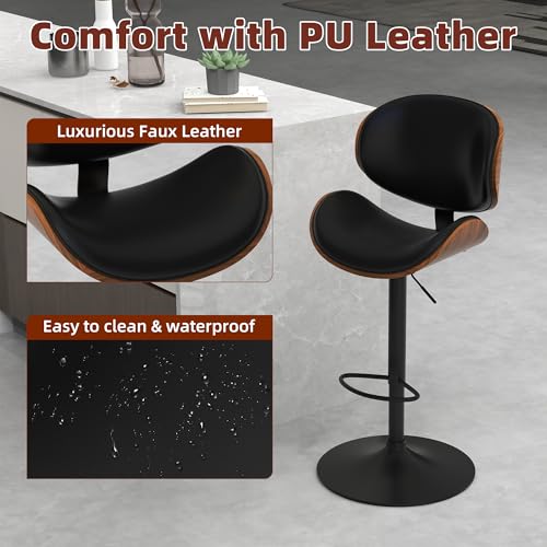 civama Bar Stools Set of 4 for Kitchen Counter, Adjustable Bar Height Chairs, Modern Swivel Barstools with Bentwood Seat and Back with Footrest for Kitchen Island, Dining Room, Black PU Leather