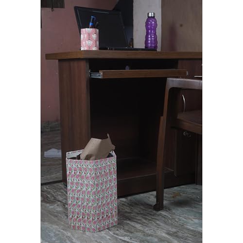 Image of Floral Hand Block Printed 3.3 Gallon Decorative Waste Basket - Eco-Friendly Cardboard Trash Can, Plastic-Free & Sustainable, Perfect for Christmas and Housewarming Gifts (1, Pink Green LHARIYA)