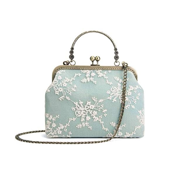 Women Vintage Kiss Lock Evening Purse Top Handle Handbag Lace Crossbody Shoulder Bag with Chain Starp Green